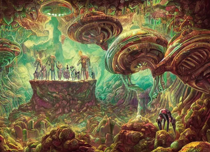 Prompt: aliens hybrids, in a beautiful crystal cave, lowbrow, amazing colorful background, digital art, concept art, beautiful composition, in the style of mark ryden, 3 - d 4 k,