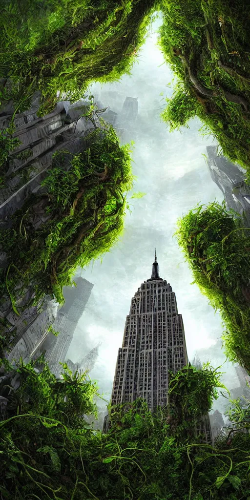 Prompt: an epic view of the empire state building covered in vines, moss, and jungle, with pterosaurs flying, close - up, low angle, wide angle, atmospheric, cinematic, very realistic, highly detailed digital art, painted by tyler edlin