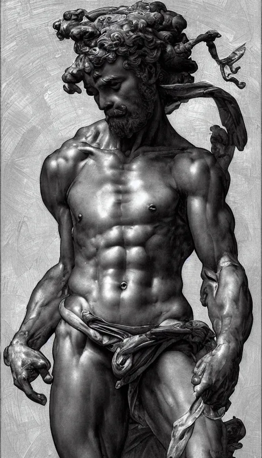 Image similar to Michelangelo\'s David, highly detailed, digital painting, artstation, concept art, smooth, sharp focus, illustration, ArtStation, art by artgerm and greg rutkowski and alphonse mucha and J. C. Leyendecker and Edmund Blair Leighton and Katsuhiro Otomo and Geof Darrow and Phil hale and Ashley wood and Ilya repin and Charlie Bowater