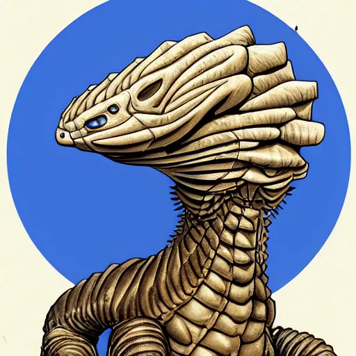 Image similar to a cyborg alien pangolin. highly detailed. staning upright. white and gold scalea. digital ink. far future. award winning artstation