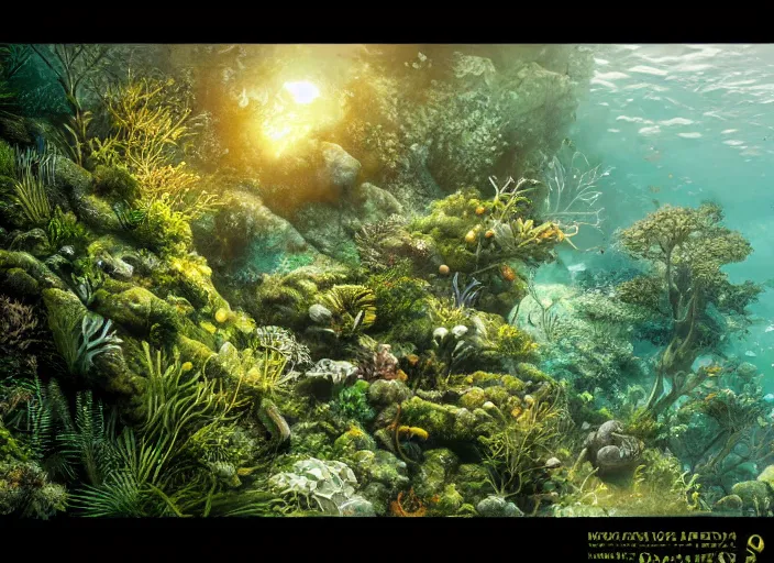 Image similar to overgrown foliage overtaking favela, underwater environment, coral, scenery, professional, award - winning, trending on artstation, detailed, realistic, beautiful, emotional, shiny, golden, picture