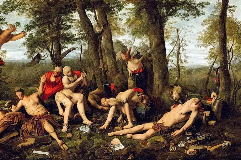 Image similar to mid - thirties guys binge drinking in a forest, in the style of skovgaard