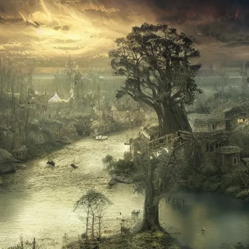 Prompt: town town town ancient hollow tree tree tree airborne airborne view of a downtrodden medieval town by a river in a swamp with a tall ancient hollow tree in its center, 4k, by Greg Rutkowski, fantasy, blend of Mongolian and Rus architecture, cinematic