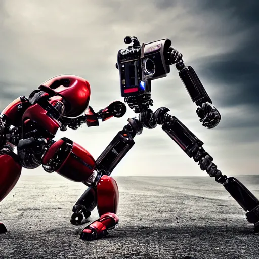 Image similar to bloody fight between robot and photographer, robot win, realistic, detailed,