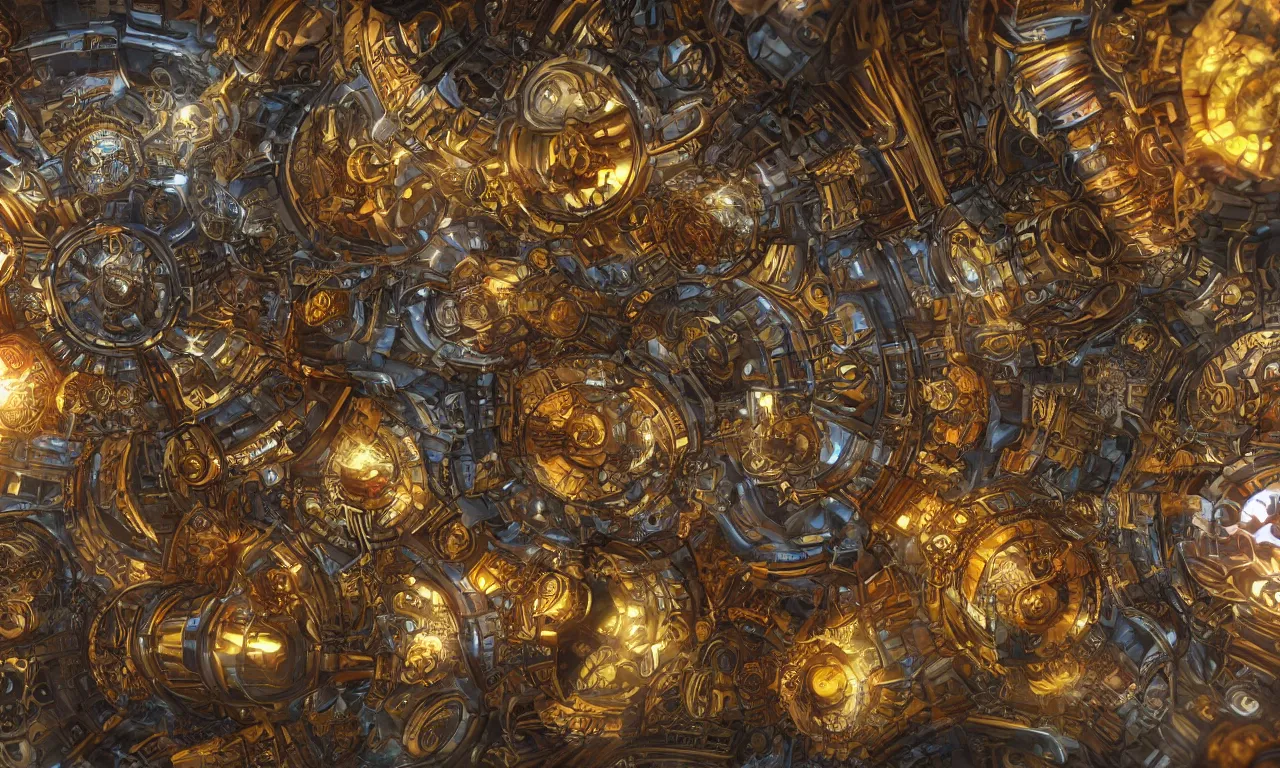 Image similar to steampunk engine laboratory 3 d volume kaleidoscope fractal voronoi metal chakra digital color stylized concept substance natural color scheme, global illumination ray tracing hdr fanart arstation by sung choi and eric pfeiffer and gabriel garza and casper konefal