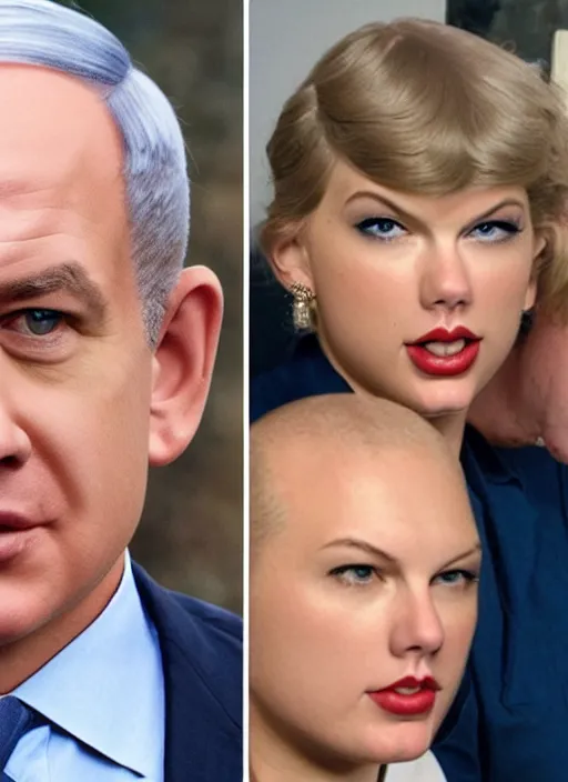 Image similar to a person that looks like benjamin netanyahu and taylor swift combined