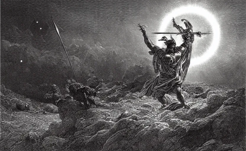 Image similar to the great greek warrior with a spear piercing the edge of the universe from the book of the long sun by gene wolfe, by gustave dore