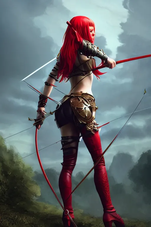 Prompt: Female archer, dnd, d&d, leggins, red skintight leather armor, red hair, looking from behind, visible face, beautiful face, derriere, high fantasy, matte painting, by wlop