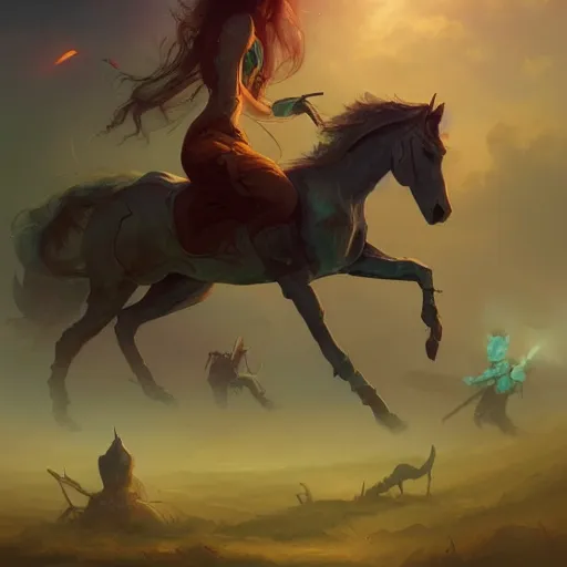 Image similar to several horses in a field, sci-fi, trending on artstation, artwork by Peter Mohrbacher