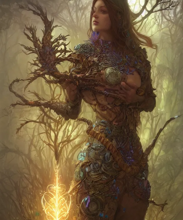 Prompt: a woman spore druid with fractal themed clothing, fully clothed, pet animal, D&D, fantasy, intricate, cinematic lighting, highly detailed, digital painting, artstation, concept art, smooth, sharp focus, illustration, art by Artgerm and Greg Rutkowski and Alphonse Mucha