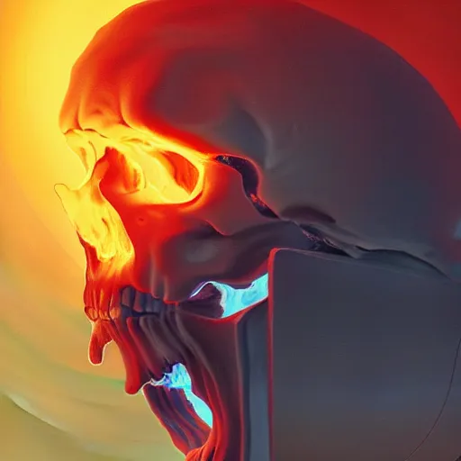 Image similar to A stunning profile of a symmetrical skull on fire by Simon Stalenhag, Trending on Artstation, 8K