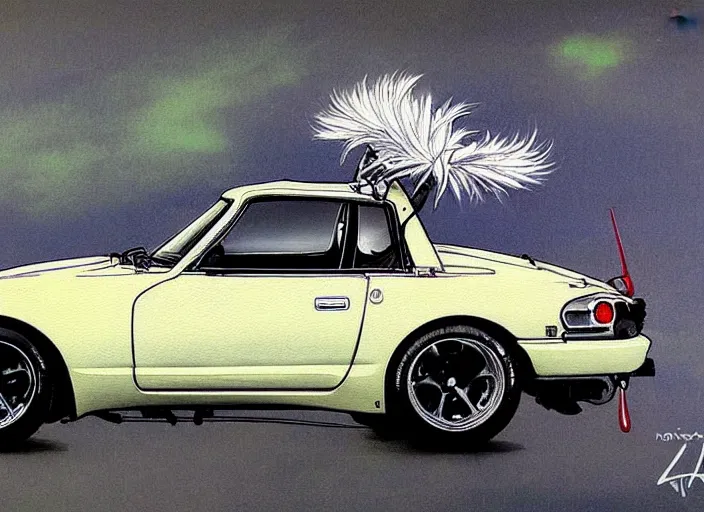 Image similar to beautiful yoshitaka amano art of a datsun fairlady roadster detailed painting