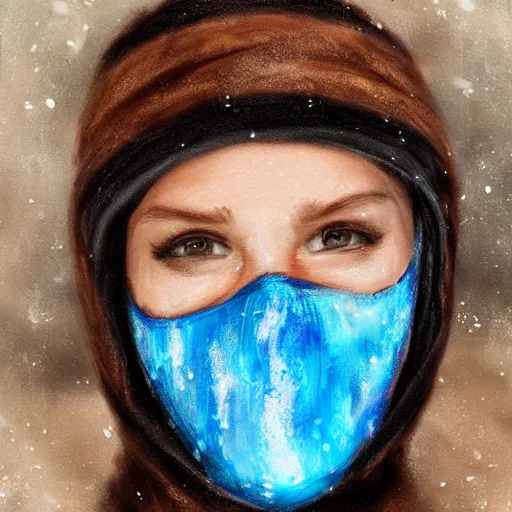 Image similar to bandit from ‘ icewind dale ’ and with a blue mask lined with copper, ‘ icewind dale 2 ’ portrait by ‘ justin sweet ’, pretty face, falling snow, soft focus, oil paint,