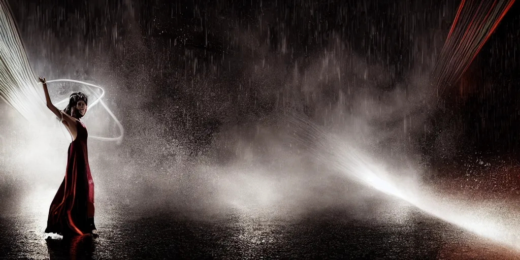 Image similar to slow motion with trail effect of futuristic break dancer wearing floating long dress, long exposure shot , at night in the middle of a rainy street, paddle of water, steam, fog, water splashes, rim lights, glossy reflections, water droplets on lens, octane render, dark and dramatic, explosion in the background, detailed and soft, fisheye