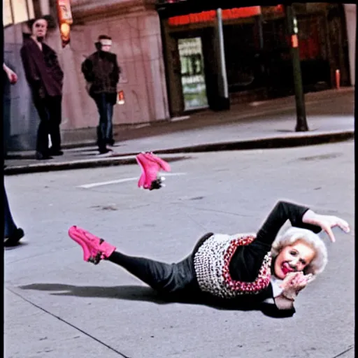 Prompt: a photo of Betty White breakdancing on the streets of New York