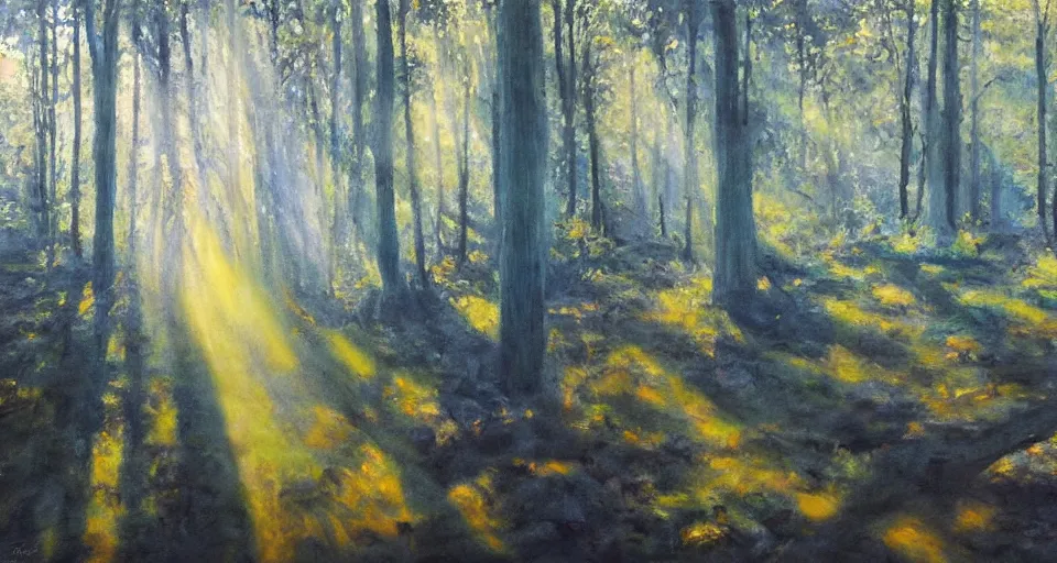 Prompt: a forest made of stone pillars instead of trees, God rays, beautiful painting, oil on canvas, by Ewa Czarniecka, award winning masterpiece,