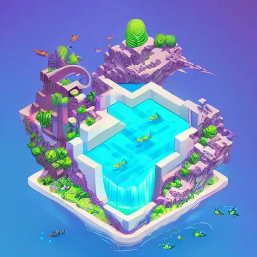 Image similar to isometric webdesign icon for paradise blossoming aquarium of eden with waterfall, 3 d render, by artgerm, tooth wu, dan mumford, beeple, wlop, rossdraws, james jean, andrei riabovitchev, marc simonetti, yoshitaka amano, artstation