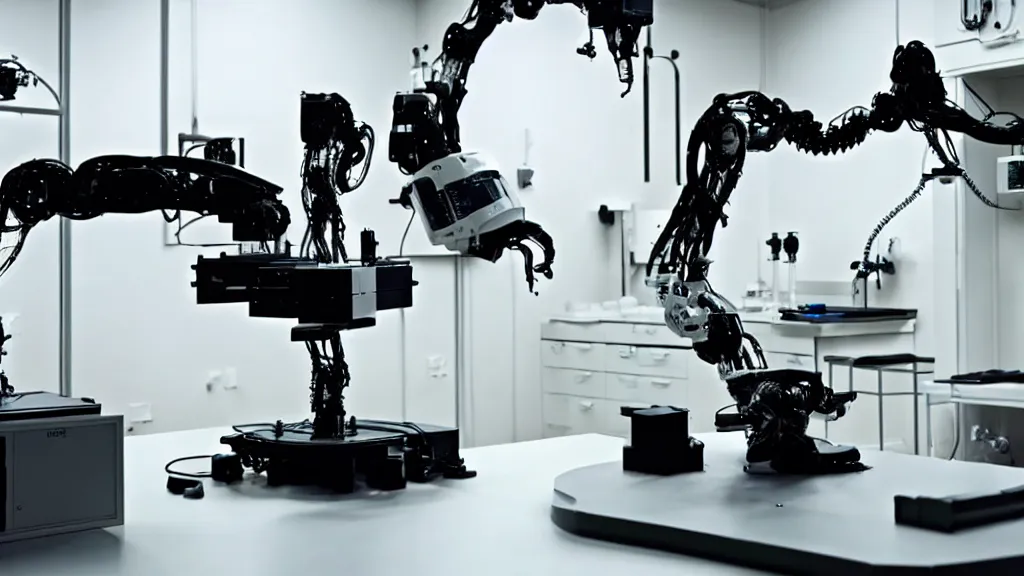 Image similar to a complex bifurcated robotic cnc surgical arm hybrid mri 3 d printer machine making black and white ceramic mutant forms in the laboratory inspection room, film still from the movie directed by denis villeneuve with art direction by salvador dali, wide lens