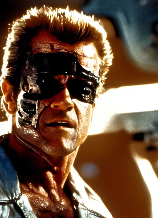 Prompt: film still of Mel Gibson as The Terminator in The Terminator, 4k