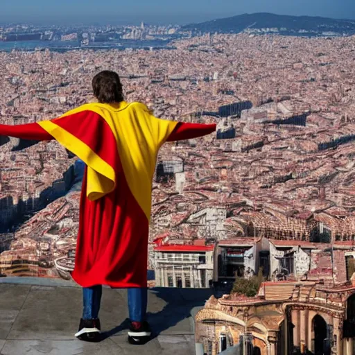 Image similar to santigo abascal flying over barcelona wearing a red and yellow cape