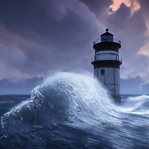 Image similar to Large waves crash into a lighthouse, unreal engine, volumetric lighting, dramatic, realistic, stylized