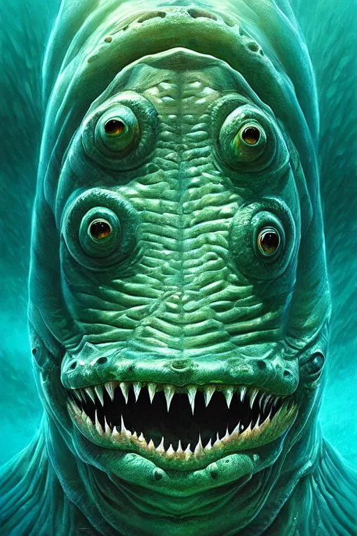 Image similar to hyperrealistic close-up surrealism underwater creature monster!! highly detailed concept art eric zener elson peter cinematic hard green lighting high angle hd 8k sharp shallow depth of field, inspired by David Paul Cronenberg and Zdzisław Beksiński