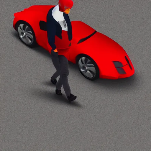 Prompt: isometric view of a man with a red jacket. walking towards a red futuristic motorbike. hyper realistic, dramatic lighting, ultra detailed, sharp focus, wide angle, digital illustration, trending on artstation