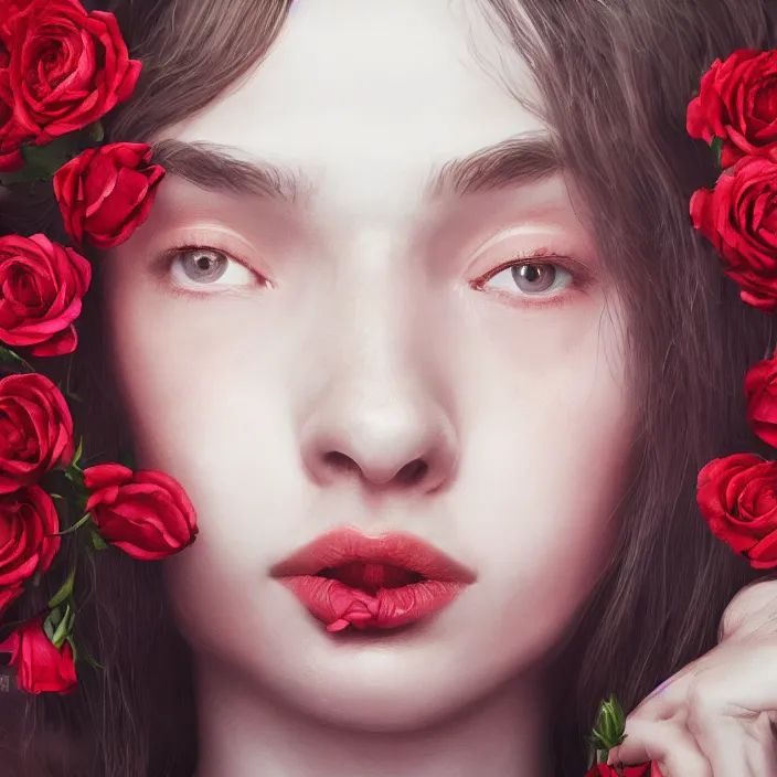 Prompt: meredit frampton style hight focus of a wonderful realistic sweet wonderful symmetrical portrait of a lady with a clear skin made of roses, one flash on sx, one flash dx, cinematic, artstation, octane render 8 k