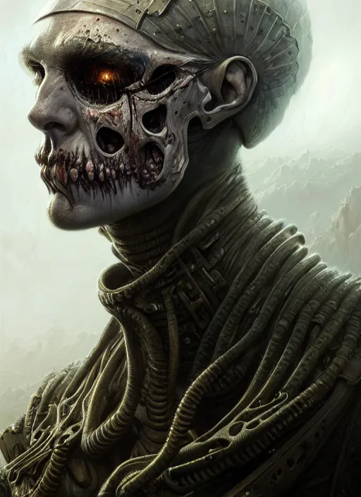 Image similar to closeup portrait shot of a undead soldier in a scenic dystopian environment, intricate, elegant, highly detailed, centered, digital painting, artstation, concept art, smooth, sharp focus, illustration, artgerm, tomasz alen kopera, peter mohrbacher, donato giancola, joseph christian leyendecker, wlop, boris vallejo