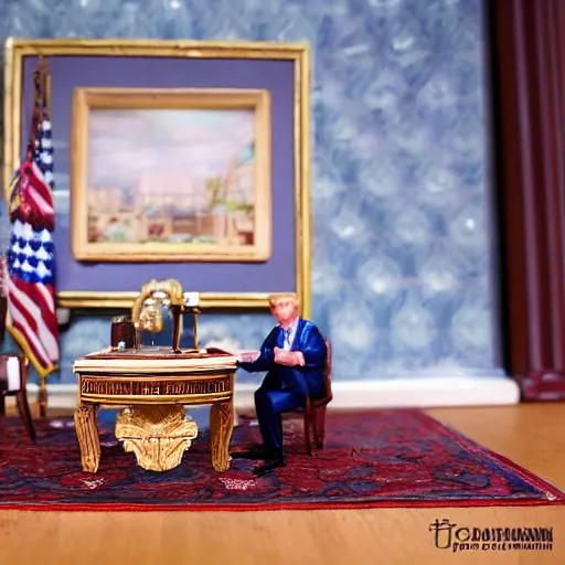 Image similar to dollhouse diorama of donald trump in the whitehouse, macro photography, canon, dslr