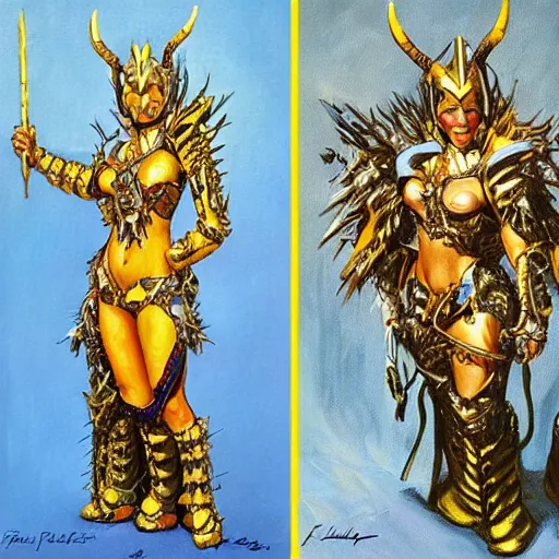 Image similar to painting of a woman in elaborate blue and gold armor with spiked horns on her helmet, painting by Frank Franzetta