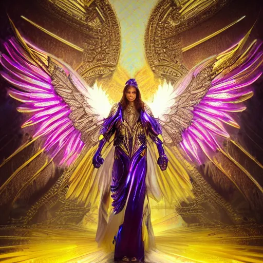 Image similar to a photo of 8 k hyper realistic, octane render archangel with white iridescent wings, full body, intricate purple and yellow neon armor, ornate, standing on front of huge megastructure red doors of heaven, with sword of fire, magical atmosphere, cinematic lighting, trending on artstation, 4 k, hyperrealistic, focused, high details, unreal engine 5