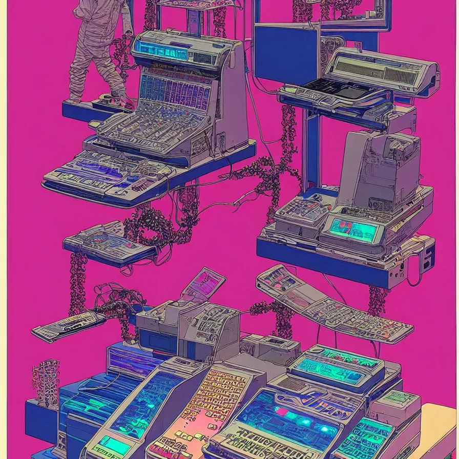 Image similar to ( ( ( ( cyberpunk cash register ) ) ) ) by mœbius!!!!!!!!!!!!!!!!!!!!!!!!!!!, overdetailed art, colorful, artistic record jacket design