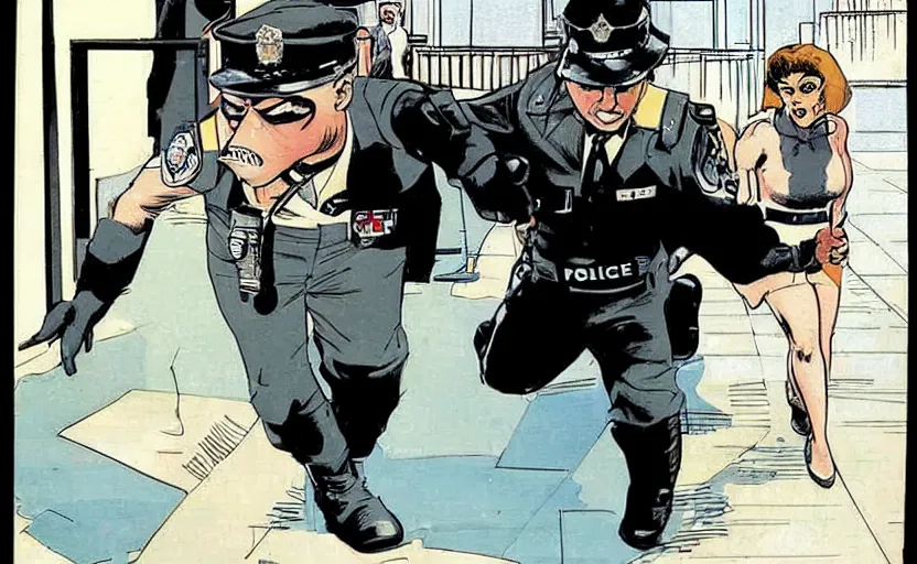 Image similar to a police officer leading a raccoon into the police station by howard chaykin