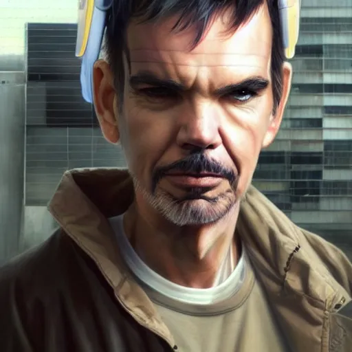 Prompt: billy bob thornton is a cyborg with eye implants and visors, drawn by krenz cushart