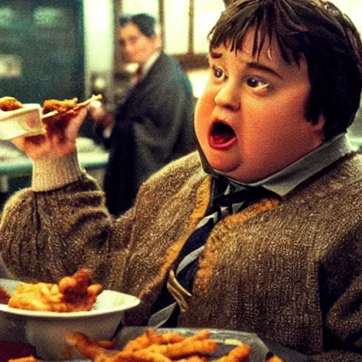 Image similar to obese harry potter eating fried chicken, movie still