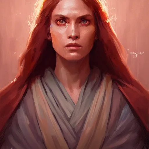 Image similar to portrait of a woman by greg rutkowski, jedi knight jade skywalker, wavy copper hair, jedi robes, star wars expanded universe, she is about 2 0 years old, wearing jedi robes, highly detailed portrait, digital painting, artstation, concept art, smooth, sharp foccus ilustration, artstation hq