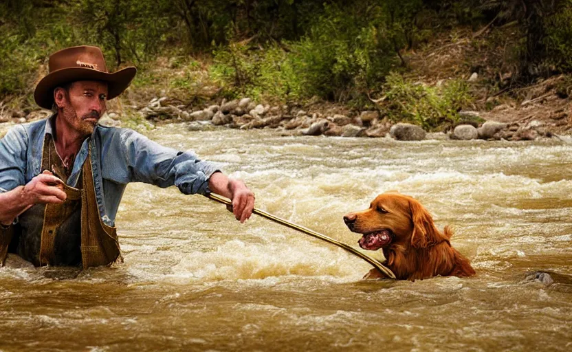 Prompt: a wild west man with the head of a golden retriever panning for gold in a river, gold nuggets in pan, cinematic style photograph