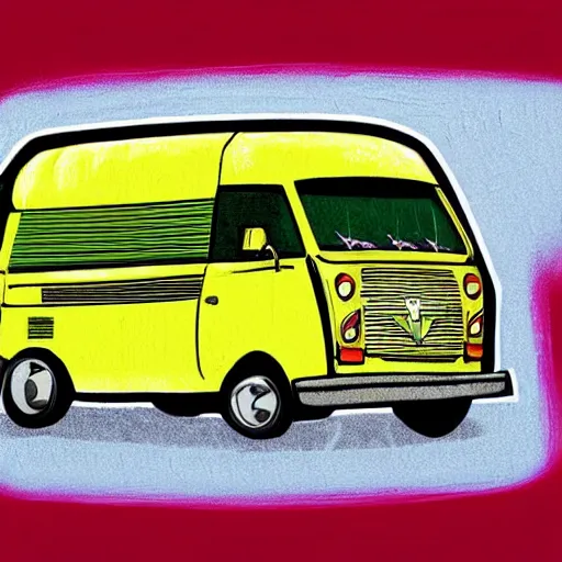 Image similar to retro painting illustration of a volswagen van, 2 d, pastel color, green, yellow, red, retro style art, trendy on artstation