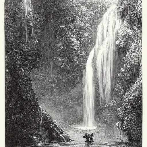 Prompt: waterfall scene, gustave dore lithography