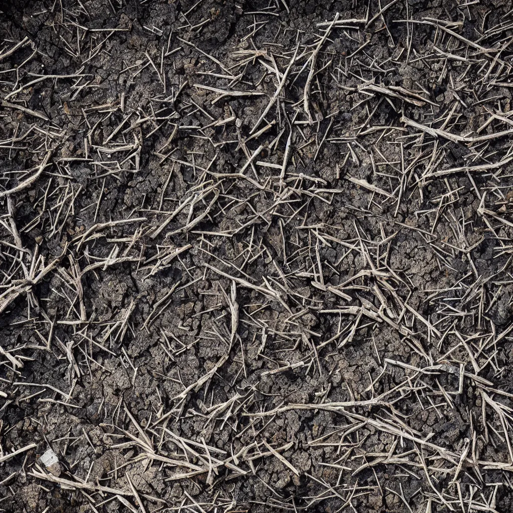 Image similar to a dry and dead forest in oil spill, coal, dust, wind, advertising photography