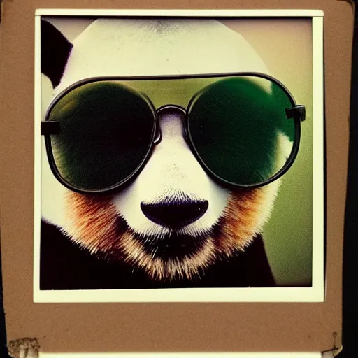 Prompt: gltch art, grainy head to shoulder portrait polaroid film photograph of a panda in a mall wearing aviator shades. super resolution. surreal. extremely detailed. polaroid 6 0 0 film. by annie leibovitz and richard avedon