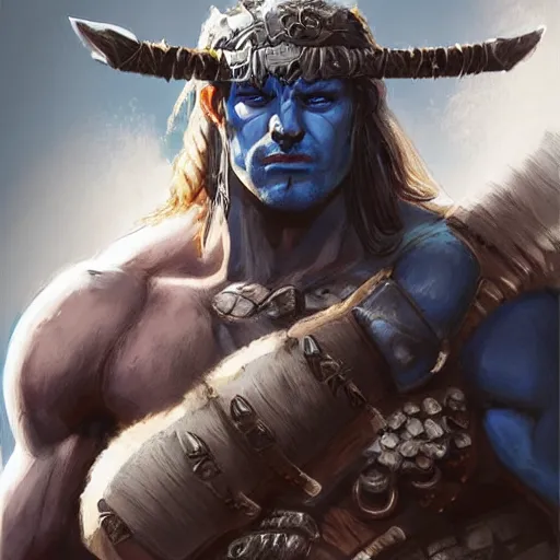 Prompt: travis willingham as a barbarian with blue skin, portrait, highly detailed, headshot, digital painting, trending on artstation, concept art, sharp focus, illustration, art by artgerm and greg rutkowski and magali villeneuve