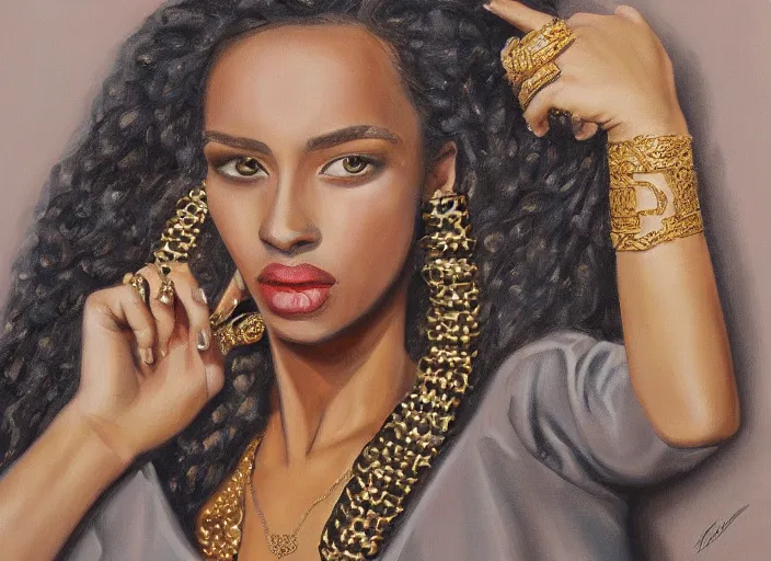 Prompt: painting of a female wearing hundreds of gold and platinum rings, by alex petruk