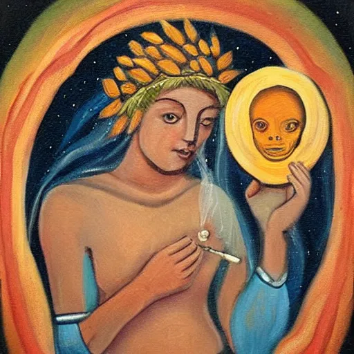 Prompt: oil paintin of a beautiful goddess in the cosmos, holding a human skull in one hand and a staff of wheat in the other,