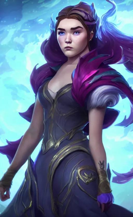 Prompt: Florence Pugh as a character in the game League of Legends, with a background based on the game League of Legends, detailed face, old 3d graphics