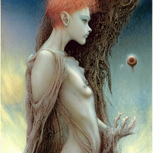 Image similar to cute young vampire tomboy girl with short short short dark hairs on lovecraftian planet by jean delville by luis royo and wayne barlowe, beksinski