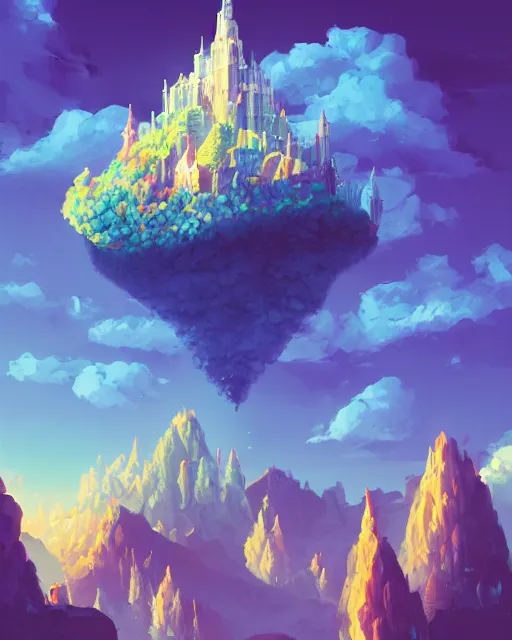 Image similar to flying cloud castle, bubble buildings, illustration, bright, blue sky, mountains, colorful, cinematic lighting, fantasy, high detail, masterpiece, artstation, 4 k, art by wylie beckert