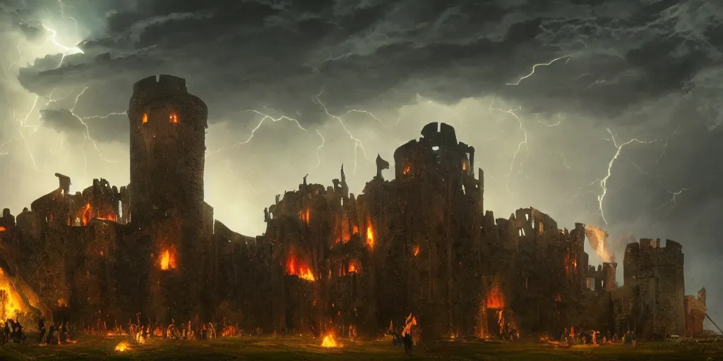 Prompt: outside view of a medieval castle being attacked by orcs, night sky, volumetric shadow, thunderstorm, painted by greg rutkowski, fire, ruins, smoke, extremely detailed, semirealism, artstation, octane render, sharpness, 8 k, golden ratio