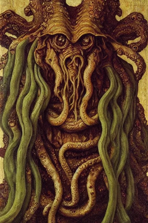 Prompt: portrait of cthulhu, oil painting by jan van eyck, northern renaissance art, oil on canvas, wet - on - wet technique, realistic, expressive emotions, intricate textures, illusionistic detail